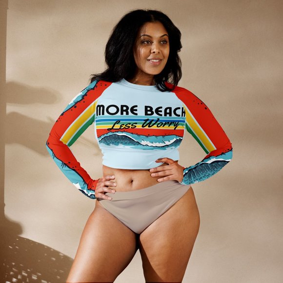 Long Sleeve Crop Top Beach Shirts Surf Shirt | MUDPUPs Beach More Worry Less - Picture 12 of 14